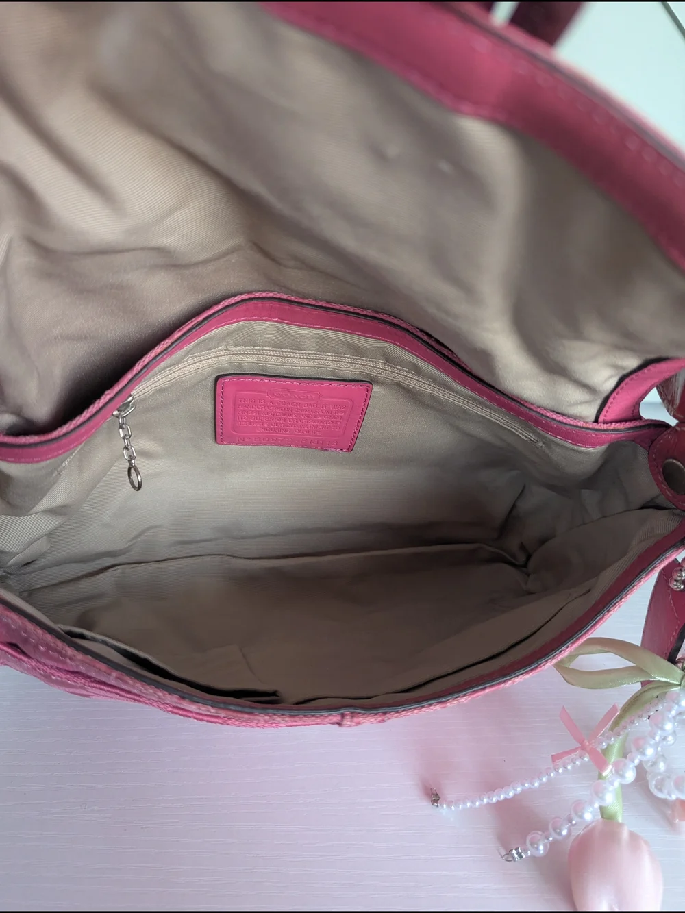 Coach Pink Signature Shoulder Bag with Buckle and Charm